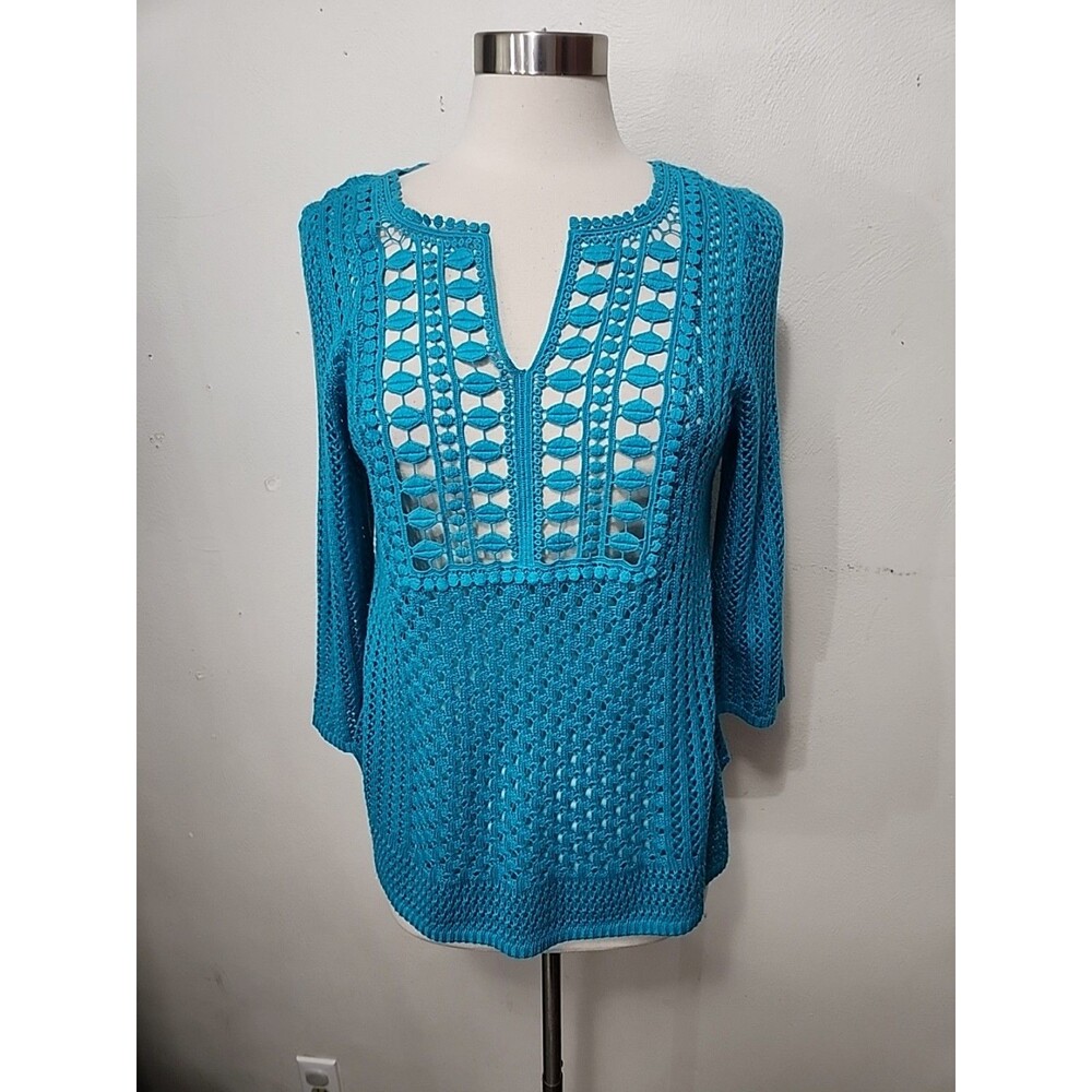 BlouseChico's Tunic Top Size 1 Turquoise Crochet Loose Knit Pullover Long Sleeve
